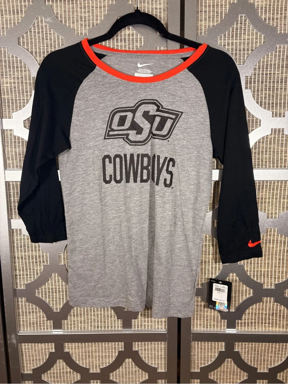 Nike Gray, Black & Red OSU Cowboys Raglan Long Sleeve Tee